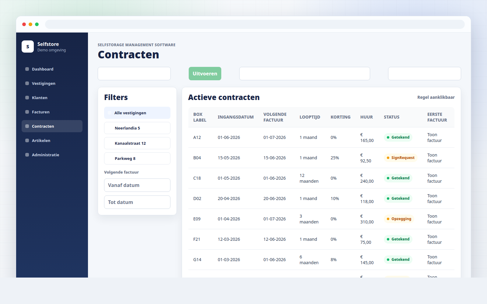 Fictieve contractenlijst met contractstatus en factuurlinks