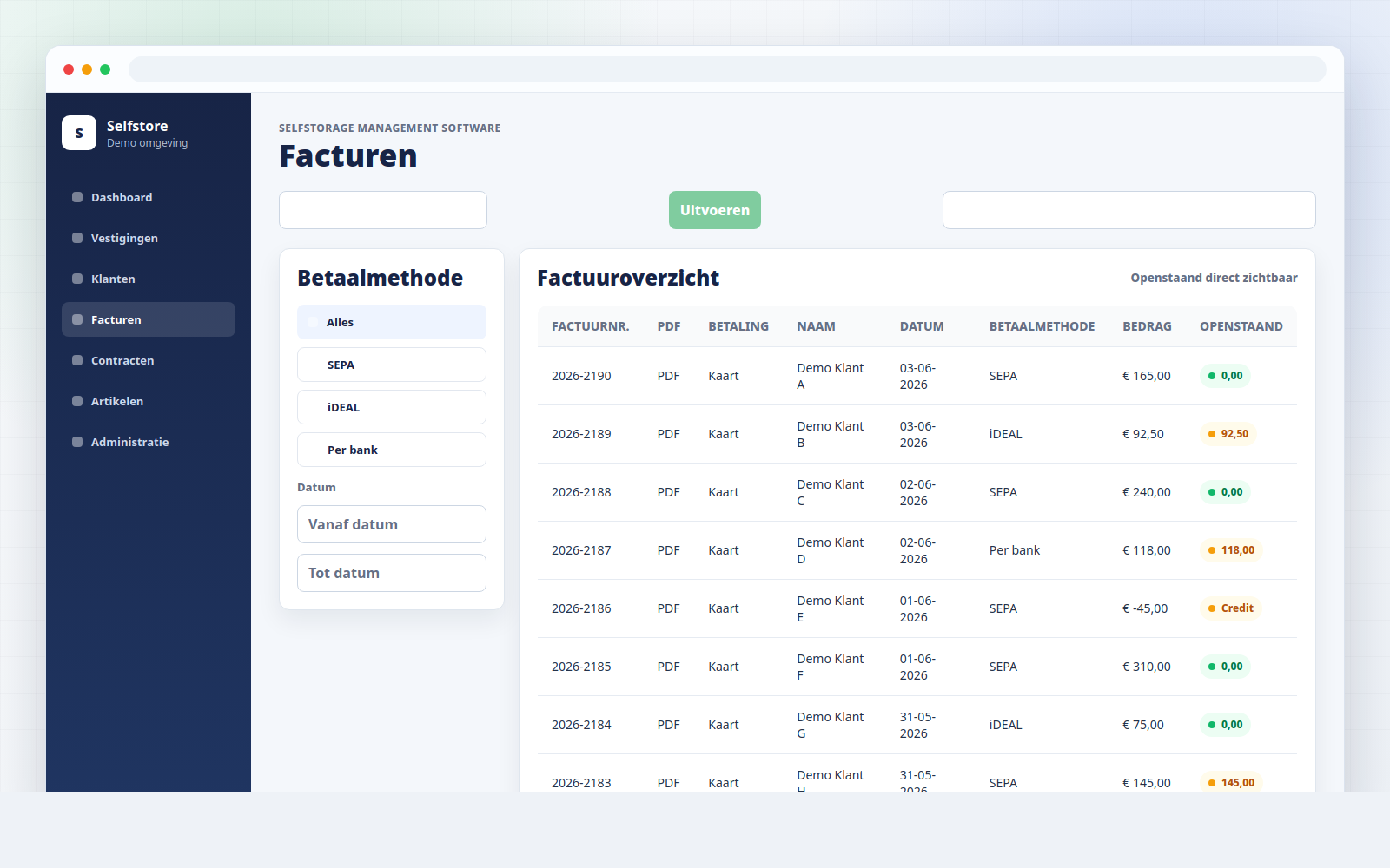 Fictief facturatieoverzicht met openstaande bedragen en betaalstatus